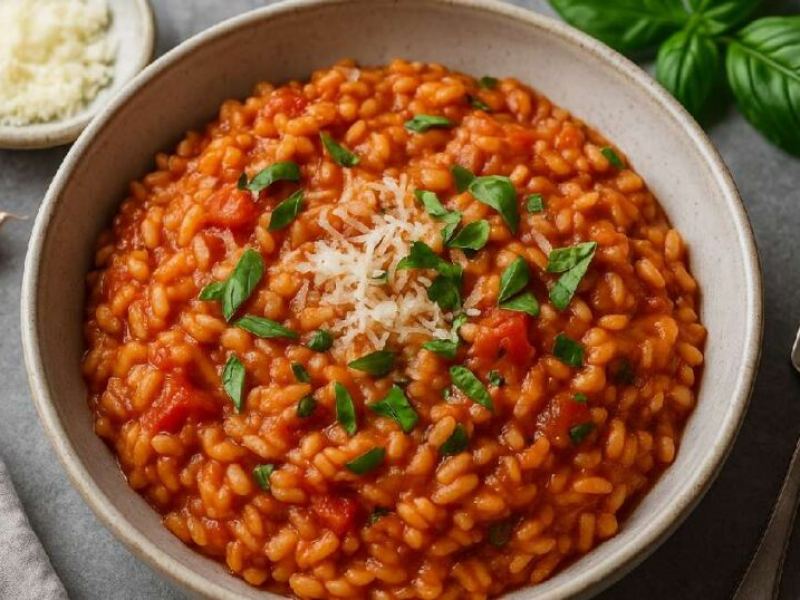 Risotto con tomate y salsa de albahaca